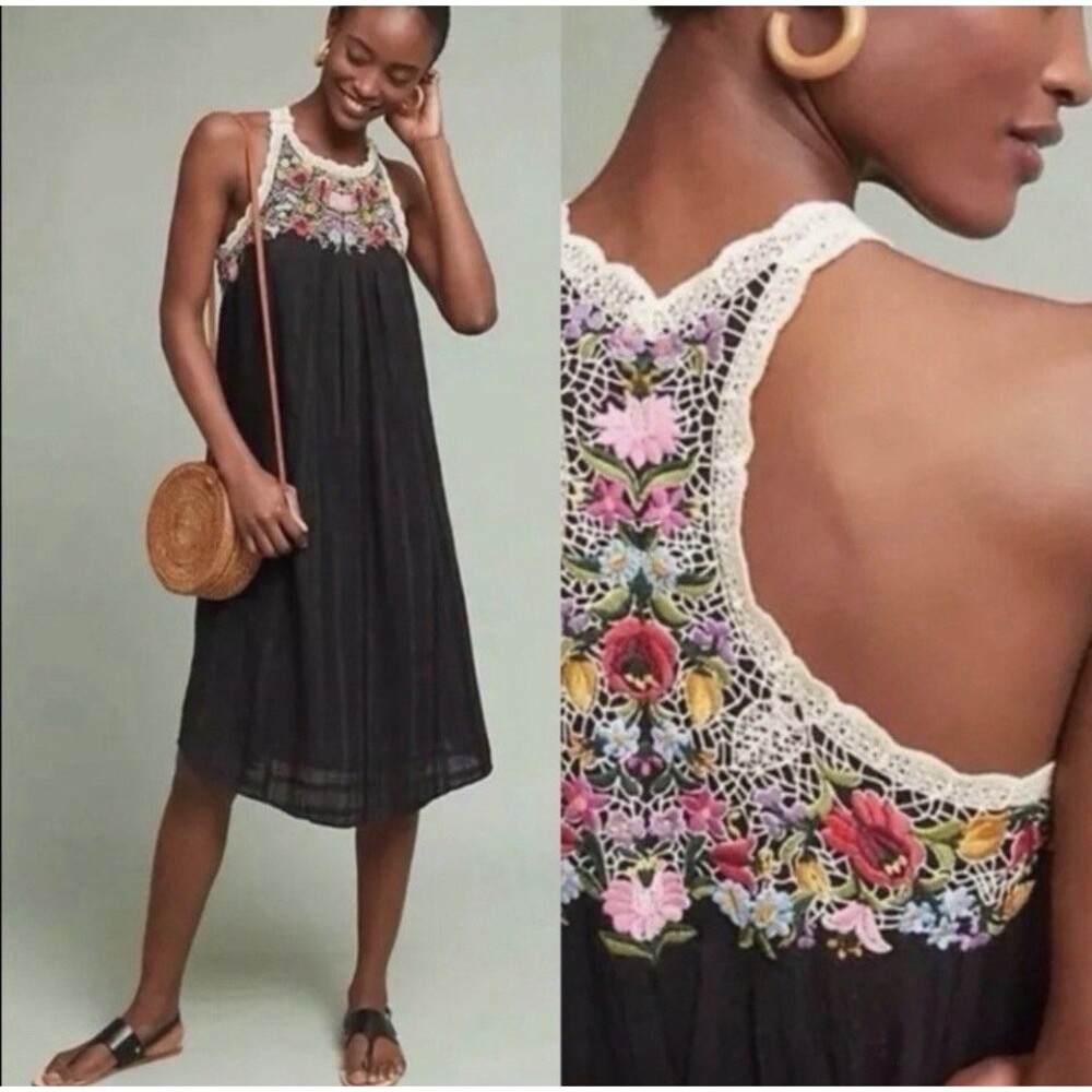 Akemi + Kin Mosely Black Multicolor Floral Embroidered Dress Large Anthropologie